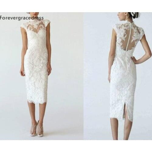 White Lace Knee Length Wedding Dress Sheath Column High Neck Pencil Dress Bridal Gowns