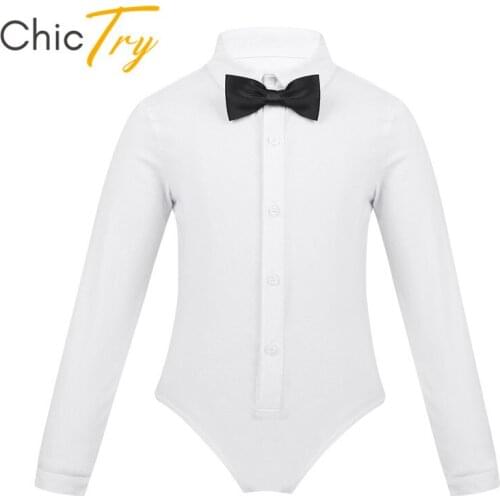 ChicTry Kids Boys Modern Latin Dance Costume Long Sleeve Lapel Bowtie Romper Latin Shirt Leotard Bodysuit Children Dance Costume