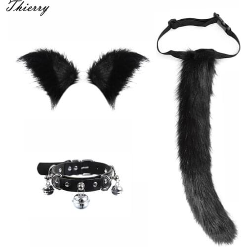 Thierry Adult Erotic Sex Products Cosplay Costume Set black Plush Ear Headgear Neck Collar with Bell Fox Long Tail sex toys Set