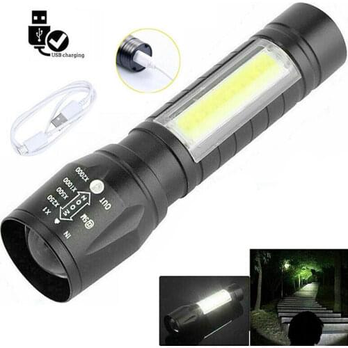 1pcs Camping Outdoor T6 COB Flashlight Multifunctional Zoomable LED Torch 18650 USB Inside Rechargeable Light Lamp