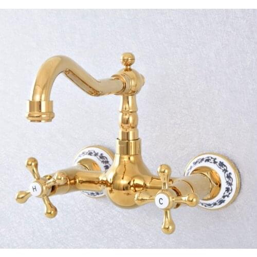Gold Color Brass Swivel Spout Kitchen Sink Faucet / Wall Mounted Dual Cross Handles Bathroom Basin Mixer Taps Nsf619