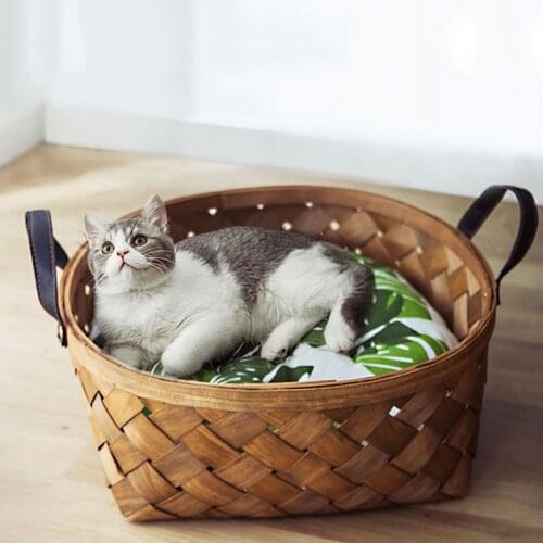 Bamboo Rattan Cat Bed House Kennel Nest Dog Bed Cat Tent Summer Dog Sofa Bed Cushion Pet Bed Cat House Dog House Cat Rug Teepee