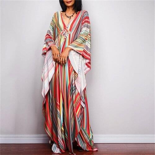 2021 New Printed Bikini Beach Cover Up Women Sexy Loose Striped Boho Robe Holiday Dress Sun Protection Shirt Cover Up Wrap Dress