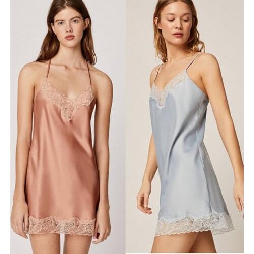 New Summer Nightdress + Robe Tender Blue / Pink Lace Stitching Satin Suspender Skirt Short And Medium Ladies Home Service