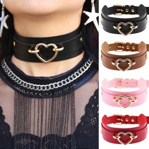 Punk Hip Pop Women Hearts Buckle Faux Leather Wide Choker Club Short Necklace Jewelry Decor Accessory Valentines Day present