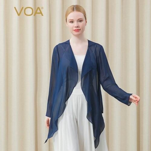 VOA Silk Georgette Blue Scarf Collar Long Sleeve Loose Dovetail Hem Sunscreen Light Breathable Coat Summer WE101 Women Clothing