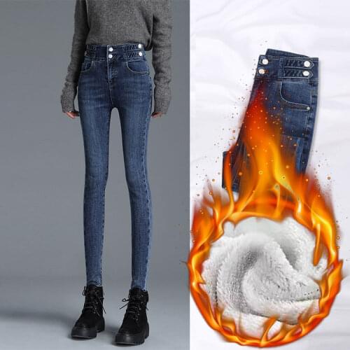 Women High Waist Denim Pants Autumn Winter Plus Velvet Jeans Stretched Slim Body Pencil Jeans Ladies Cowboy Pants Y670