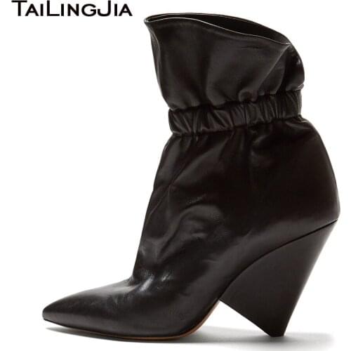 2018 Trendy Stylish Cute Autumn Pointed Toe Wedge High Heeled Ladies Short Booties Black Cone Heel Elasticized Woman Ankle Boots