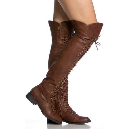Women Winter New Lace-up Leather Over Knee Flat Boots Brown Black Zipper-up Long Knight Boots High Quality Warm Boots Size 42