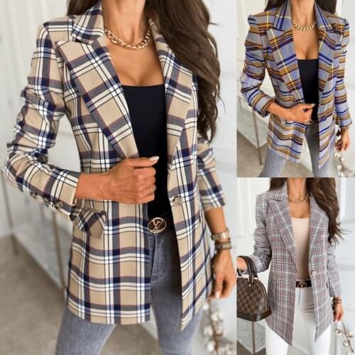 Women Plaid Printed Blazer Suit 2021 Spring Autumn Notched Collar Single Button Business Office Lady Vintage Slim Blazer Jacket
