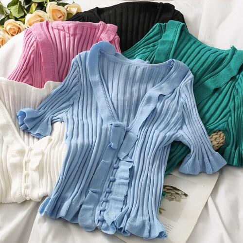 Women Ruffles Short Flare Sleeve Sweaters Cardigans Lady Deep V-neck Single-breasted Summer Thin Sweater Crop Tops Female
