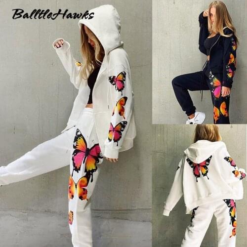 Women Butterfly Print Tracksuit Lady Sport 2 Piece Set Zipper Hooded Coat Top + Drawstring Waist Pants Female Outfits