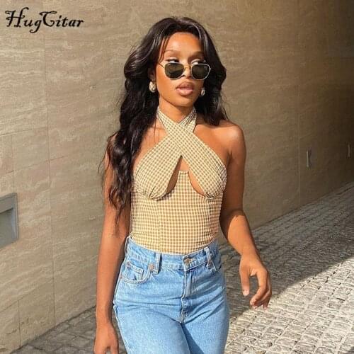Hugcitar 2020 Sleeveless Backless Halter Hollow Out Plaid Print Crop Top Sexy Autumn Winter Women Fashion Streetwear Tank Top