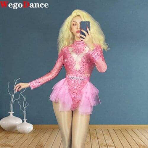 Lace Bodysuit Birthday Party Outfit Dance Costume Sexy Show Performance Stage Wear Women Long Sleeve Sparkly Rhinestones Pink