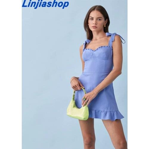 2021 Retro Wood ears Collar Plain Solid Color Blue Tie Bow Strap Dress Women Slim Ruffles Hem Mini Dress Sexy Beach Holiday Robe