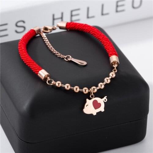 2019 New arrival Pig Zodiac Red Rope Charm Bracelet , Titanium Steel Rose gold color Cute piggy Fortune Hand Jewelry