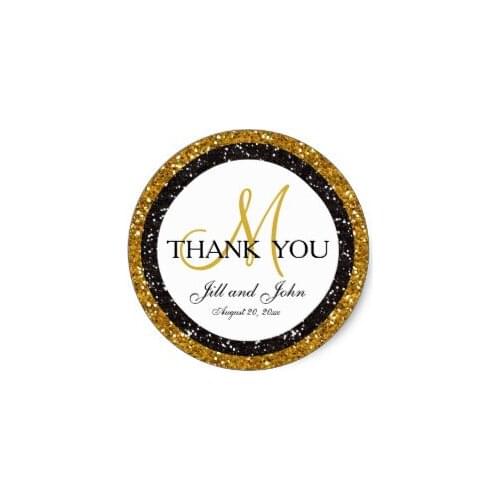 3.8cm Glitter Gold Black Thank You Wedding Favor Sticker