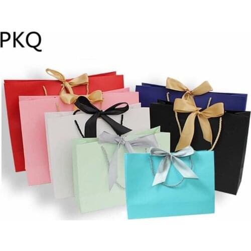 40*28*12cm 10pcs Pajamas Clothes Books Packaging Gold Handle Paper Bags with ribbon Kraft Paper Gift Bag With Handles Dec