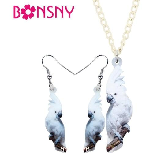 Bonsny Acrylic Jewelry Sets White Umbrella Cockatoo Parrot Bird Necklace Earrings Pendant Girls Charms Party Gift Decorations