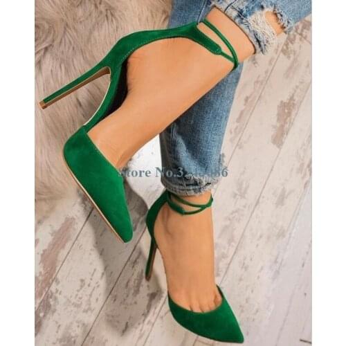 New Arrival Pointed Toe Faux Suede Thin High Heel Sandals Ankle Strap Lace Up Dress Shoes Basic Summer Stiletto Heel Pumps