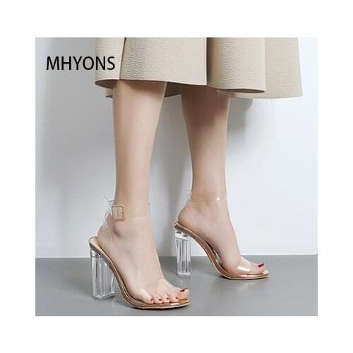 2021 New Sexy PVC Fish Mouth Transparent Film Crystal Shoes Thick With High-heeled Sandals Comfortable Coarse 35-42 Size