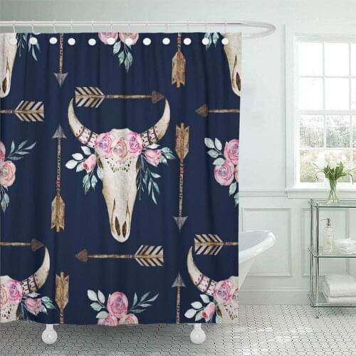 Decorative Skull Watercolor Boho Pattern with Deer Antlers Bohemian Western Ethnic Bull Indian 72"x72" Waterproof Bathroom Set