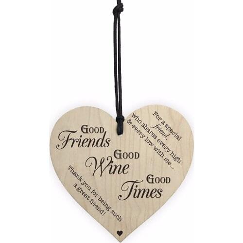 Good Friends Good Wine Good Times Wooden Hanging Heart Friendship Alcohol Plaque Tree Decorations Wine Label Small Pendant