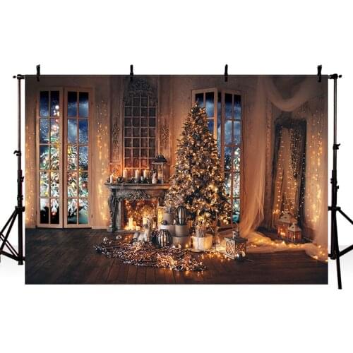 Photography Backdrops Christmas Background Backdrops Cuddle Up Dark Wooden Cozy Cabin Room Window Light Tree Gifts Stove Decor