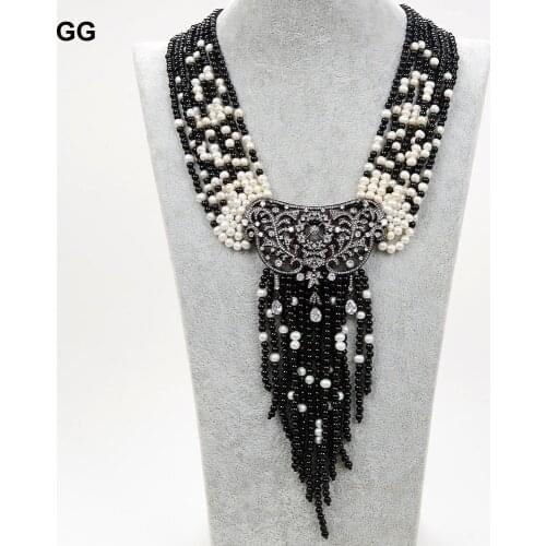 GuaiGuai Jewelry 9Strands Freshwater White Pearl Black Onyx Necklace CZ Pave Pendant 19"