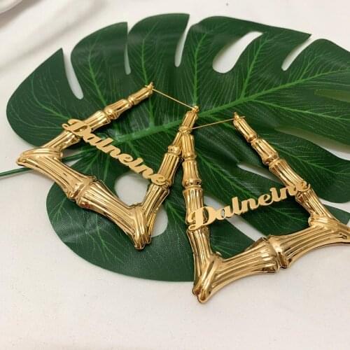 Name Earrings Custom Trapezoid Bamboo Hoop Earrings Geometric Earrings Hip-Pop Style Customized Name Earrings for women
