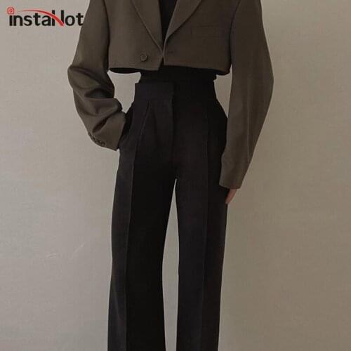 InstaHot Free Shipping Women Wide Leg Pants Sexy Casual Club Streetwear Trousers Vintage Female 2021 Autumn Solid Black Pants