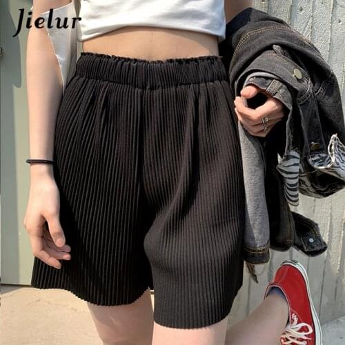 Jielur Pleated High Waist Shorts Women Wide-Leg Loose Casual Chic Short Female Korean Style Green Blue Womens Shorts S-L 2021