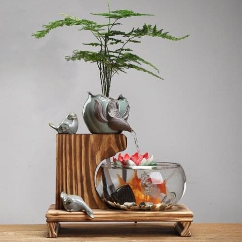 Zen Ceramic Indoor Water Fountain Transparent Glass Fish Tank Office Desktop Fountains Ornaments Lucky Feng Shui Home Decor Gift
