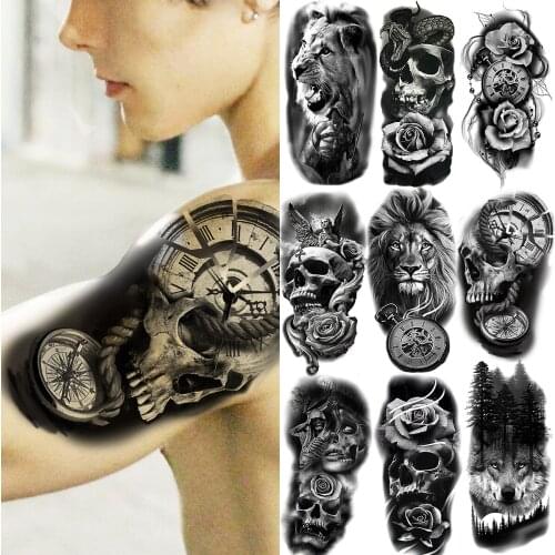 Compass Skull Temporary Tattoos For Men Women Realistic Lion Snake Vampire Forest Samurai Fake Tattoo Sticker Arm Tatoos Body