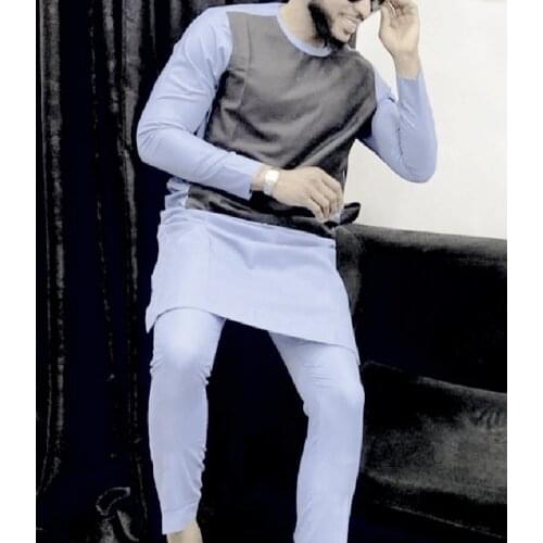 Bright Blue And Black Patchwork Mens Shirts+Solid Pant Cotton Set Clothing African Fashion Custom Wedding Party Outfits