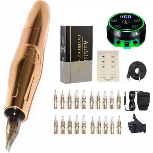 New Rotary Tattoo Permanent Make Up Machine Pen Swiss Motor Strong Quiet With Aurora-II LCD Digtal Power Cartridge Needle Kit