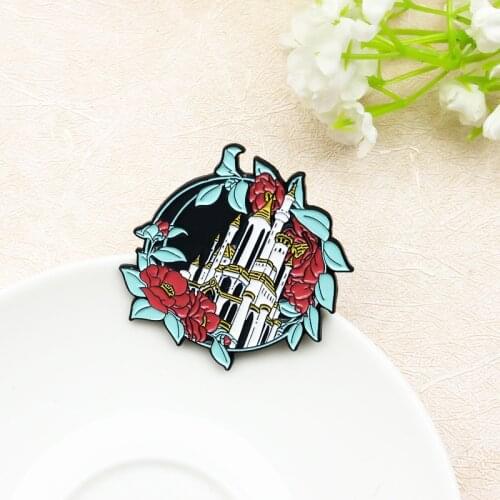 Mysterious Flower Castle Metal Enamel Brooch Creative Fashion Retro Architectural Badge Pin Backpack Sweater Accessories Gift