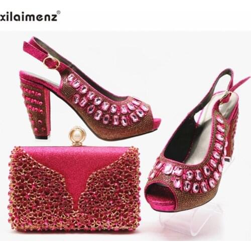 Fashion African Ladies Shoes and Bag Sets Fuchsia Color Nigerian Shoes with Matching Bags for Royal Party 2019