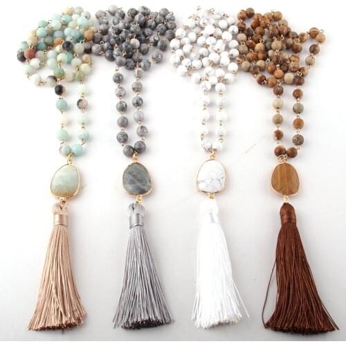 Fashion Jewelry Natural Stone Rosary Chain Stone Link Long Tassel Necklaces Women Ethnic Necklace