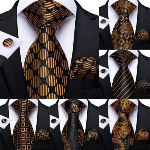 Fashion Men Tie Luxury Gold Black Dot Striped Paisley Silk Wedding Tie For Men DiBanGu Designer Hanky Cufflinks Gift Tie Set