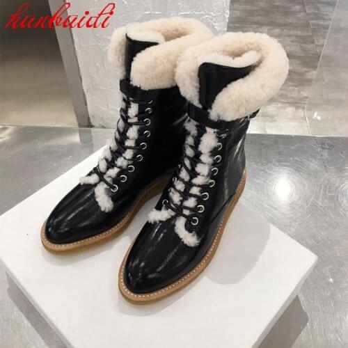 New Shoes Women Winter Leather Boots Platform Snow Boots Wool Belt Buckle Designer Shoes British Style Lace Up Short Boots