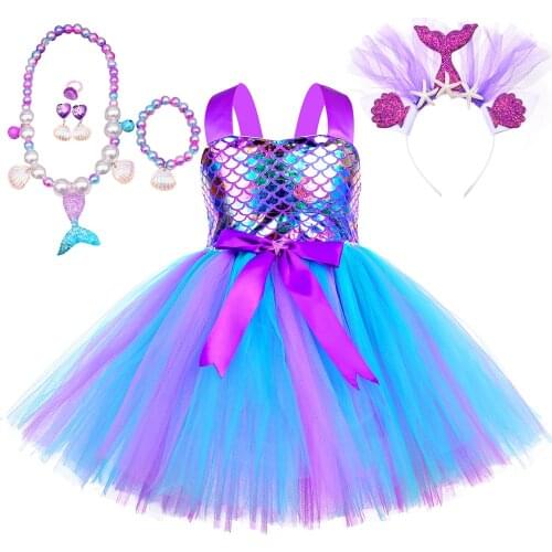 Little Mermaid Princess Tutu Dress for Girls Kids Birthday Cosplay Dresses Outfit Toddler Baby Girl Halloween Party Costumes