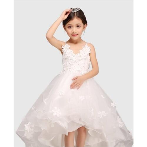 Glitz White Spaghetti Straps Princess Flower Girl Dress For Weddings Girls Party Pageant Dress With Long Train For Baby Girls