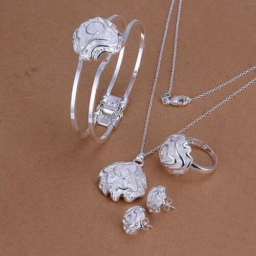 S322 Wholesale,silver color jewelry set, fashion jewelry set Rose Ring Stud Earrings Bangle Necklace Jewelry Set