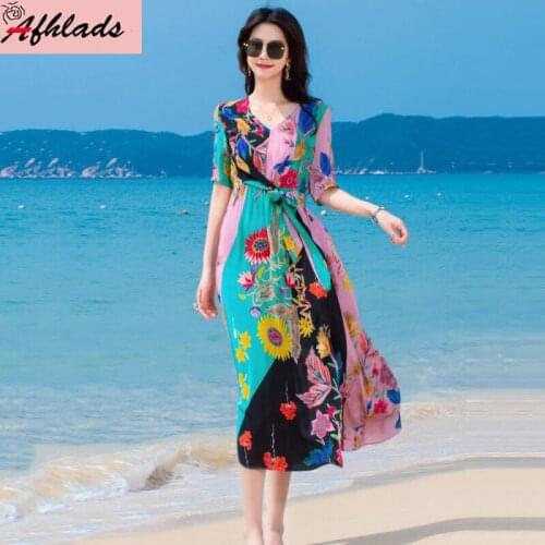 Chiffon Bohemian Holiday Dress 2020 Summer New Product Printed Womens Plus Size Beach V-Neck Lace-Up Mid-Calf A-Line Dress