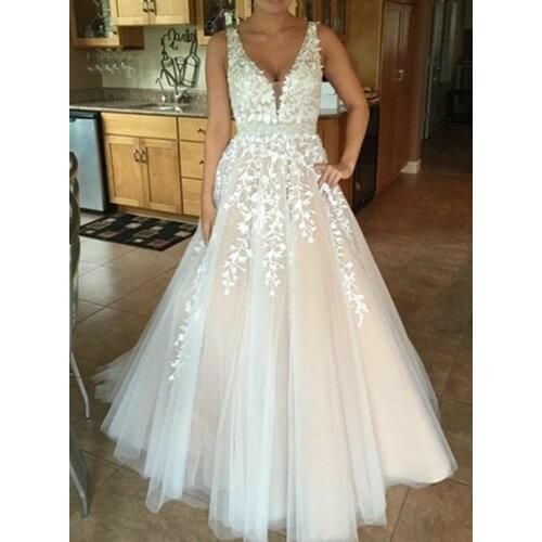 Vkbridal A-Line V-Neck Lace Beaded Prom Dresses Long Floor Length Party Dresses Sexy Back Formal Evening Gowns for Women