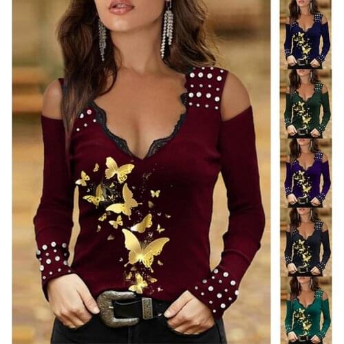 Sexy Lace Blouse Women Long Sleeve V-neck Print Shirt Tops Casual Autumn Slim Fit Multi-colored Ladies Top Blouses Plus Size