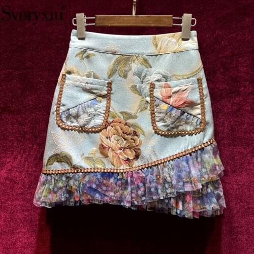 Svoryxiu 2021Designer Fashion Summer Mermaid Mini Skirt Womens Custom Flower Print Ruffles Package Buttocks High Waist Skirt