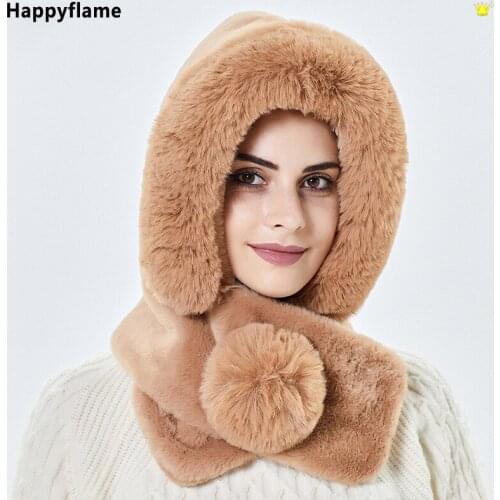 Women Winter Hat with Earflaps Scarf Multifunction Ushanka Acne Hats Warm Russian Plush Bomber Hats with Fur Ball One Piece Hat