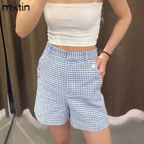 MXTIN 2021 Women Summer Vintage Plaid High Waist Zipper Shorts Fashion Buttons Fly Side Pockets Office Lady Female Skort Mujer